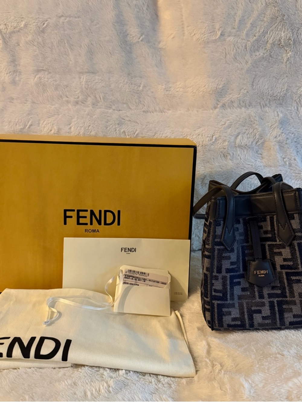 Fendi Black and Gray FF Jacquard Mini Tote with Leather Trim